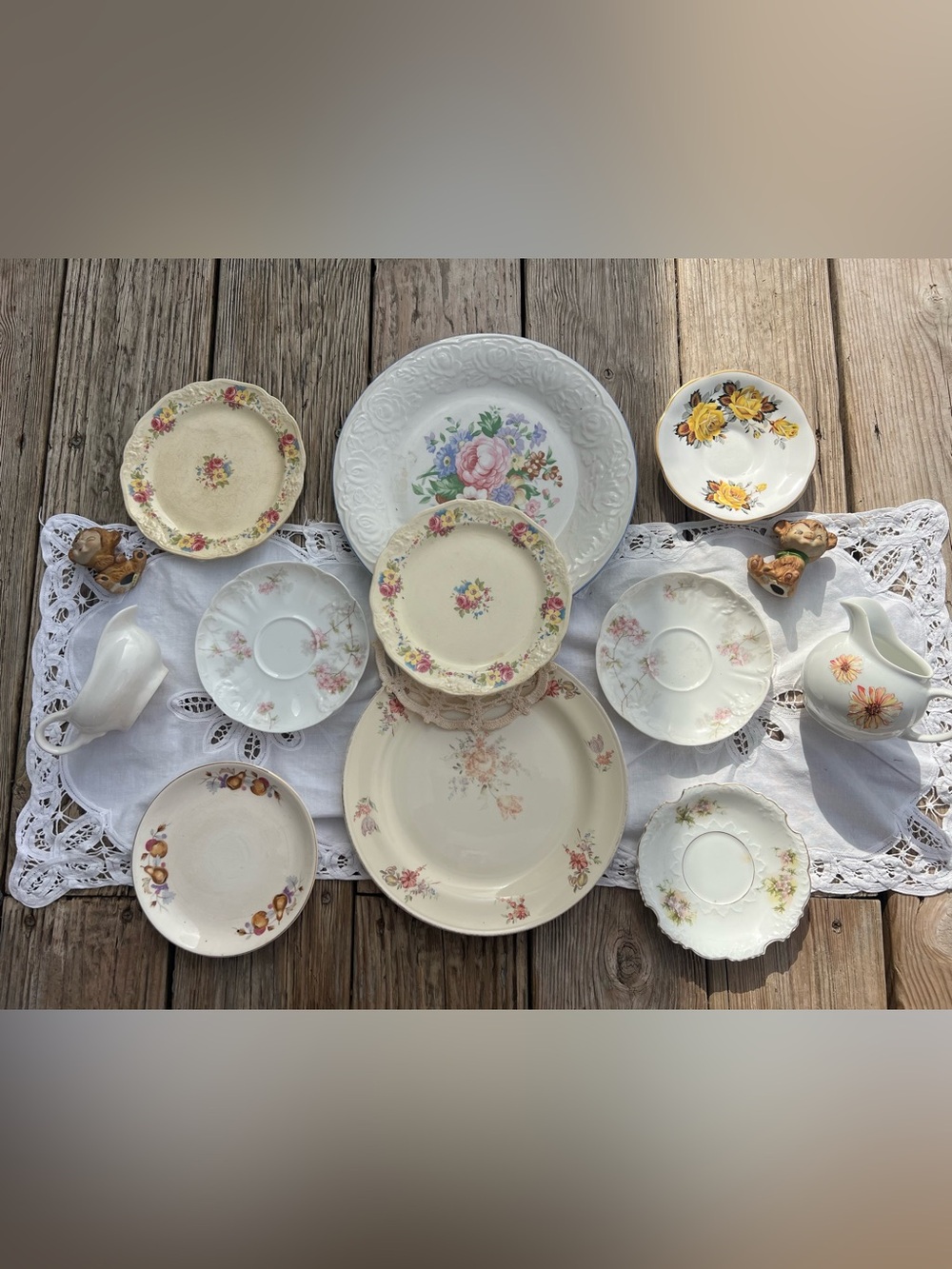 Vintage plates flat lay with two creamers and whimsical bears complete set FL8